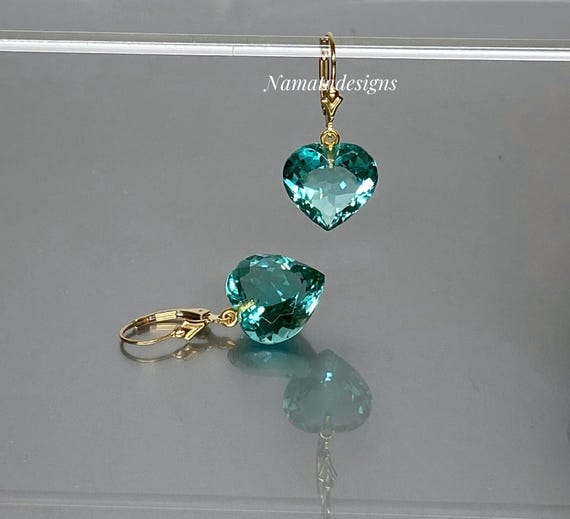 Paraiba Tourmaline Heart Earrings, October Birthstone, Blue-Green Heart Earrings, Tourmaline Jewelry Gift For Her.