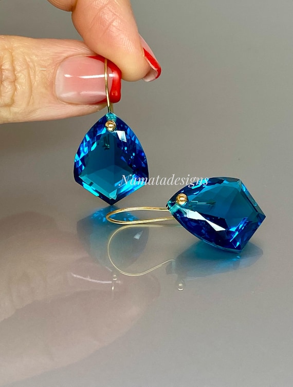 14K Gold London Blue Topaz Drop Earrings: Faceted Shield Dangle