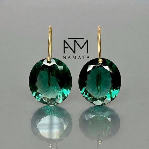 Green Tourmaline Earrings, Statement Oval Earrings in 14K Gold or Sterling Silver, Faceted Gemstone Dangle Earrings, Elegant Gift for Her