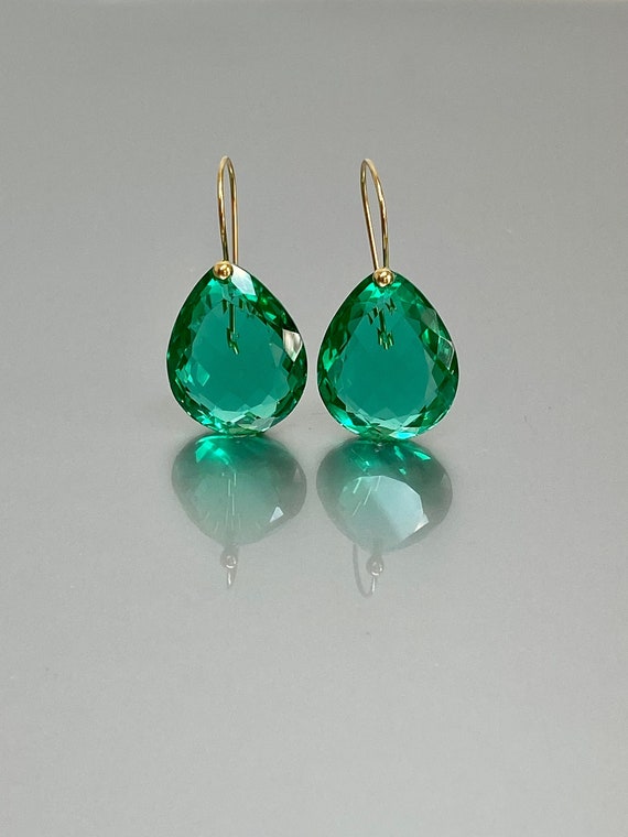 14K Gold Colombian Emerald Earrings(48 cts), Statement Earrings, October Birthstone, Teardrop Earrings, Emerald Jewellery Gift For Her