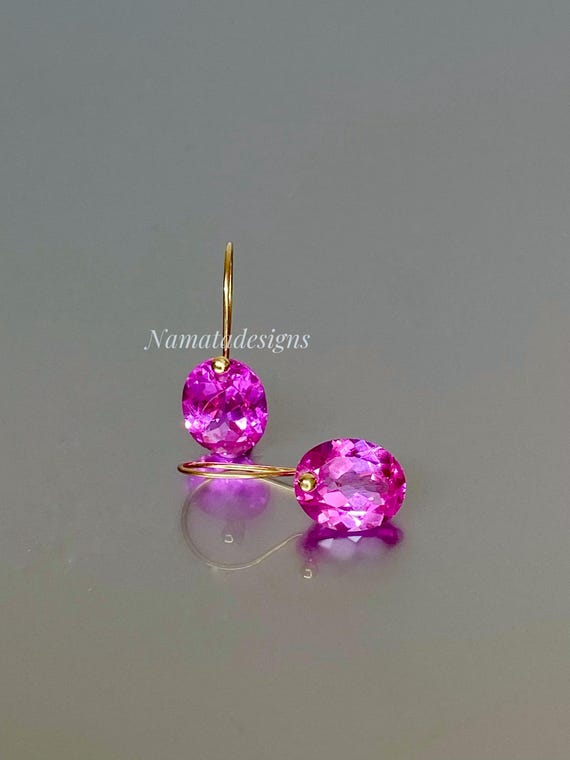 14K SOLID GOLD  Pink Sapphire  Dangle Earrings (12.5cts),  Pink Oval Earrings, Sapphire Jewelry Gift For Her,  February Birthstone Earrings.