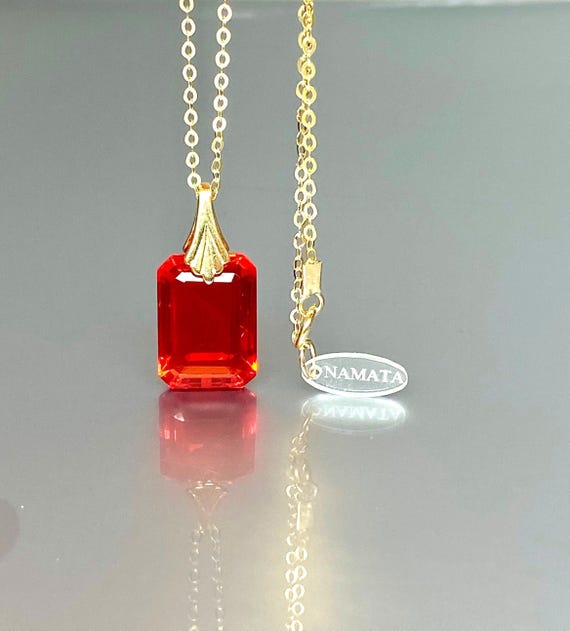 14K Gold Fire Opal Necklace: Emerald Cut, October Birthstone, Mexican Opal Jewelry Gift