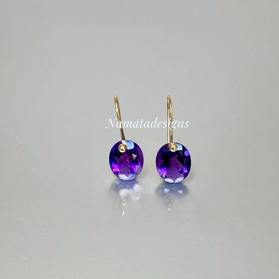 14K/18K Gold Purple Amethyst Dangle Earrings: Oval Earrings, February Birthstone Jewelry Gift