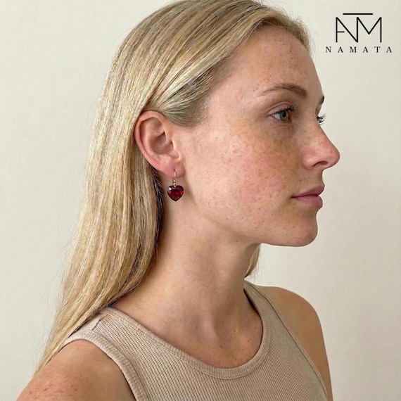 Ruby Heart Drop Earrings, Red Heart Dangle Earrings, July Birthstone Jewelry, Romantic Ruby Gift for Her