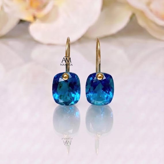London Blue Topaz Earrings, 14K Gold Dangle Earrings, Cushion Rectangle Blue stone Drops, Minimalist December Birthstone Gift