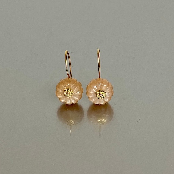 Natural Peach Moonstone Drop Earrings, Hand Carved Flower Drop Earrings, June Birthstone, Small Earrings, Moonstone Jewelry Gift for her