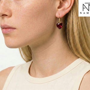 14K Gold Ruby Heart Drangle Earrings, July Birthstone, Red Heart Earrings, Bridal Jewelry