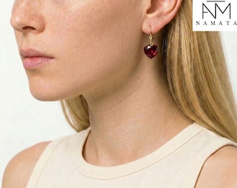 14K Gold Ruby Heart Drangle Earrings, July Birthstone, Red Heart Earrings, Bridal Jewelry