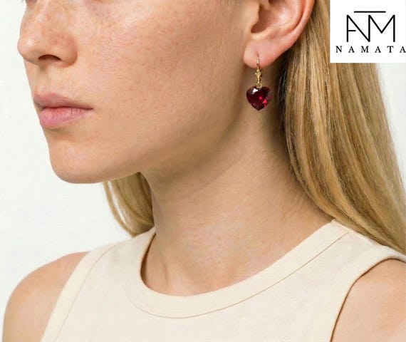 14K Gold Ruby Heart Drangle Earrings, July Birthstone, Red Heart Earrings, Bridal Jewelry