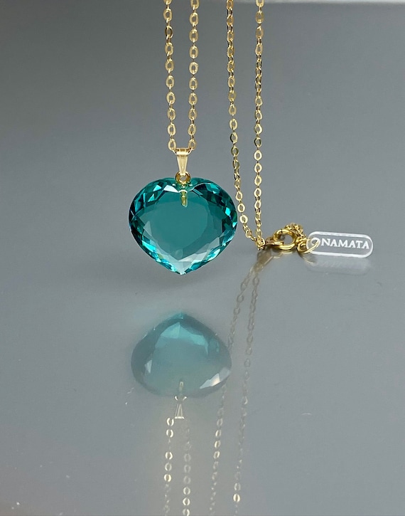 14K SOLID GOLD Gold Paraiba Tourmaline  Heart Necklace, Large Heart Pendant Necklace, Paraiba Tourmaline Jewelry, Gift For Her.