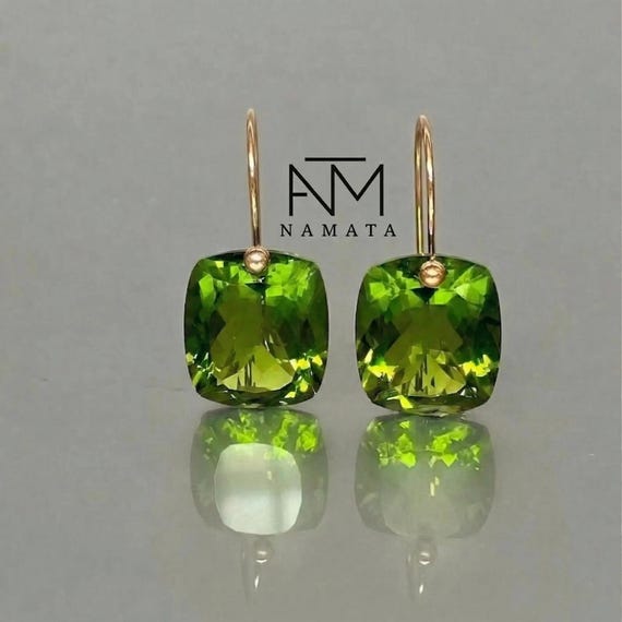 14K Gold Peridot Dangle Earrings: Green Stone Jewelry Gift