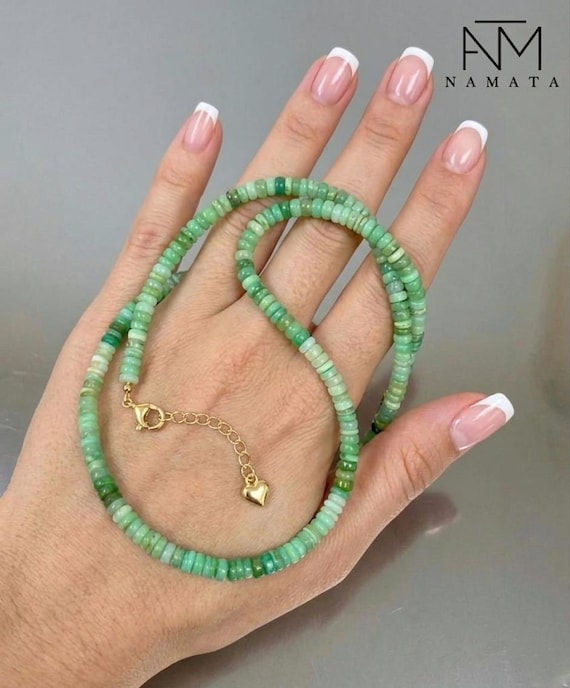 Green Chrysoprase Beaded Necklace, Smooth Rondelle Gemstone Necklace, 14K Gold Filled Adjustable Necklace, Elegant Gift for Her