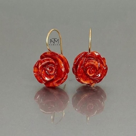 Carved Natural Coral Flower Drop Earrings: 24K Gold Vermeil or Sterling Silver