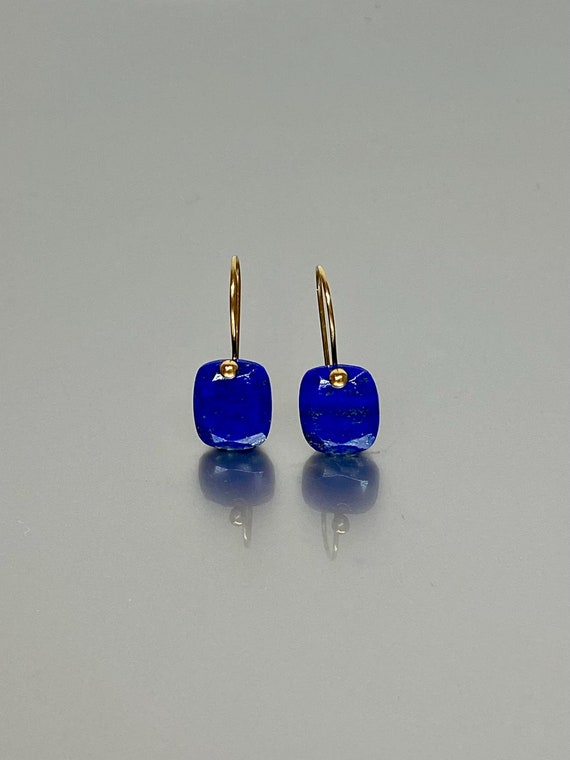 14K Gold Natural Lapis Lazuli Dangle Earrings (19 ct), Blue stone Earrings, Birthstone Earrings, Small Earrings, Minimalist Earrings