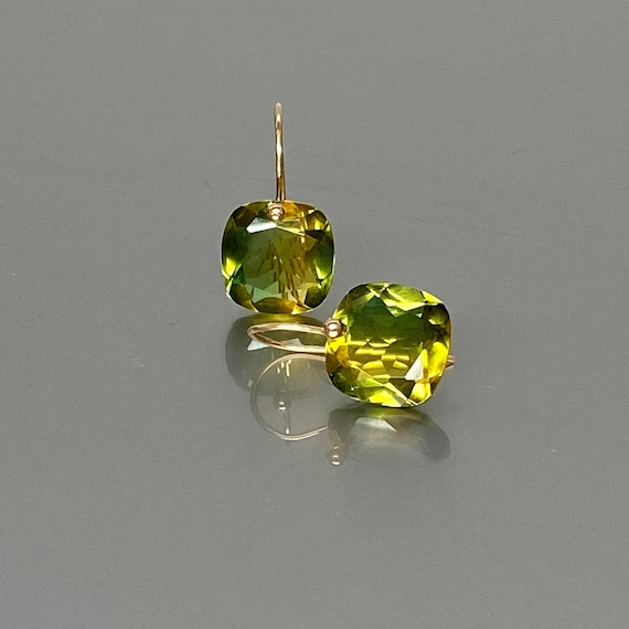 14K Solid Gold Square Ametrine Earrings (12 ct), Green Yellow Ametrine Earrings, Bicolor Ametrine Earrings, Small Earrings.