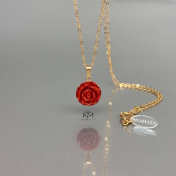 14K Gold Flower Coral Pendant Necklace: Hand-Carved Red Stone Jewelry