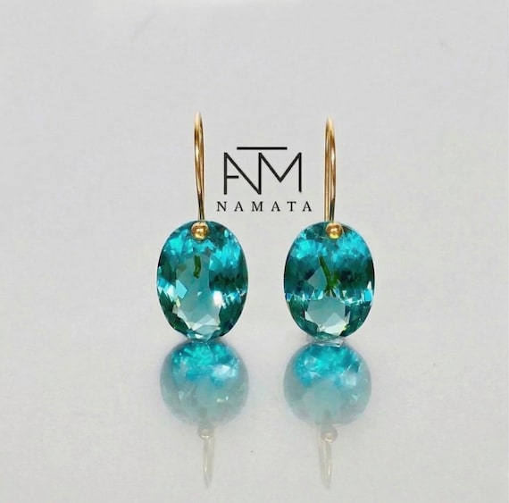 14K Gold Paraiba Tourmaline Dangle Earrings: October Birthstone Gift, Green Blue Minimalist Jewelry, Oval Drop Earrings