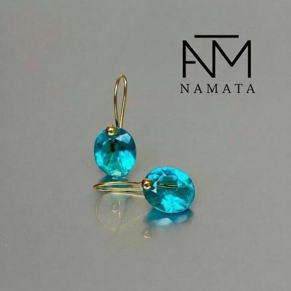 Paraiba Tourmaline Oval Dangle Earrings, Ocean Blue Earrings, Minimalist Wedding Jewelry