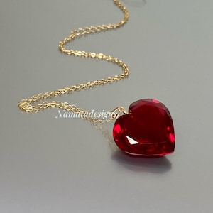 Collier coeur rubis en or 14 carats (17 carats), grand pendentif coeur, pendentif coeur rouge, collier avec pierre de naissance, cadeau bijoux rubis pour elle, cadeaux de Noël