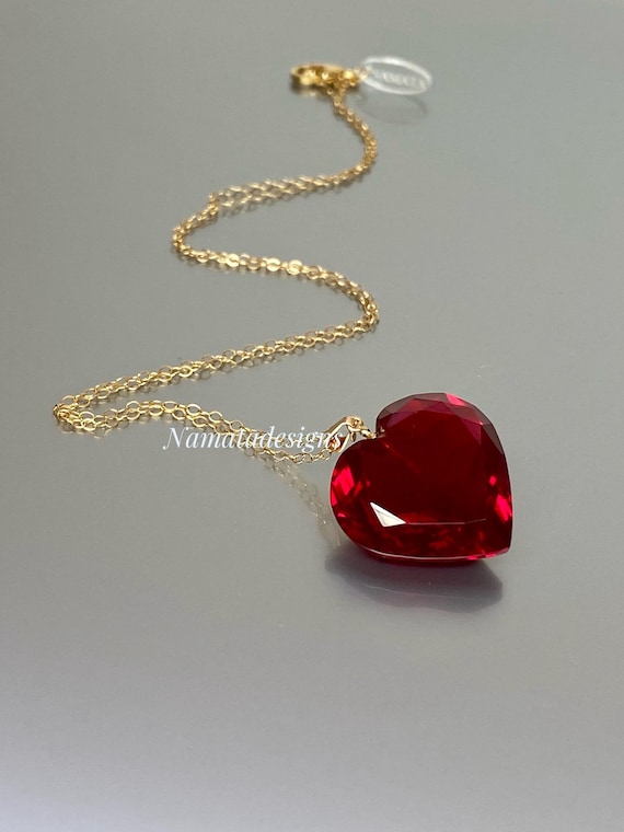 14K Gold Ruby Heart Necklace(17ct), Large Heart Pendant, Red Heart Pendant, Birthstone Necklace, Ruby Jewelry Gift For Her, Christmas Gifts