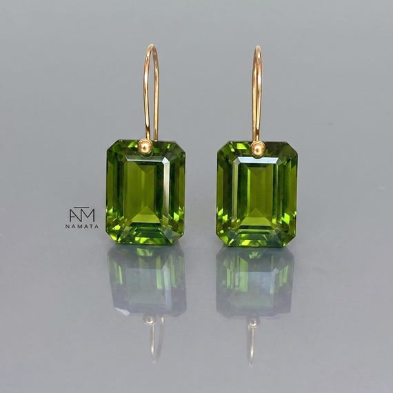14K Gold Peridot Drop Earrings, Faceted Peridot Statement Jewelry