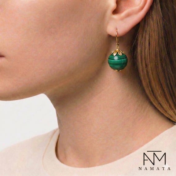 Malachite Dangle Earring, Ball Earrings, One-of-a-Kind Gemstone Jewelry
