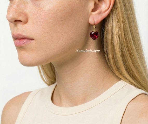 14K Gold Ruby Heart Drangle Earrings, July Birthstone, Red Heart Earrings, Bridal Jewelry