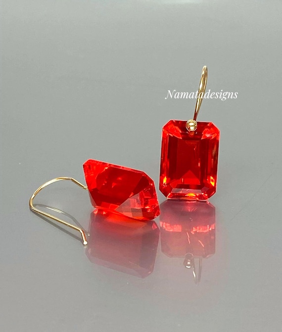 Mexican Fire Opal Dangle Earrings • 14K / 18K Gold • Red Orange Fire Opal Jewelry • October Birthstone Earrings • Gift for Her