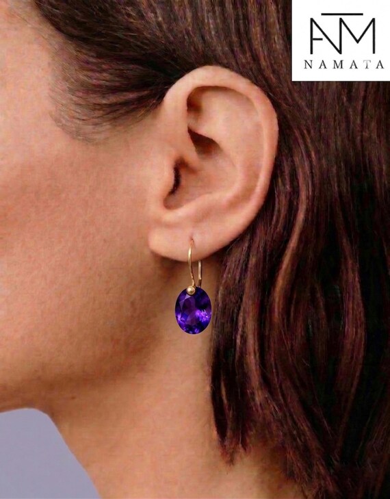 14K/18K Gold Purple Amethyst Dangle Earrings: Oval Earrings, February Birthstone Jewelry Gift