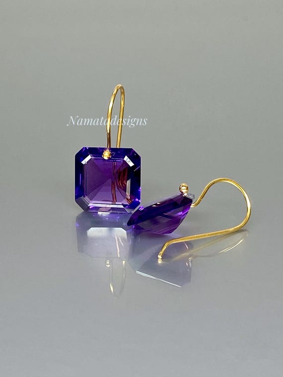 14K Gold Amethyst Dangle Earrings: Square Purple Stone, February Birthstone
