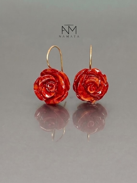 Carved Natural Coral Flower Drop Earrings: 24K Gold Vermeil or Sterling Silver