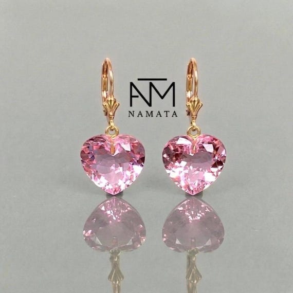 Pink Topaz Heart Earrings, Gold Vermeil Dangle Earrings, Faceted Pink Gemstone Earrings, Romantic Jewelry Gift for Her, Bridal Earrings