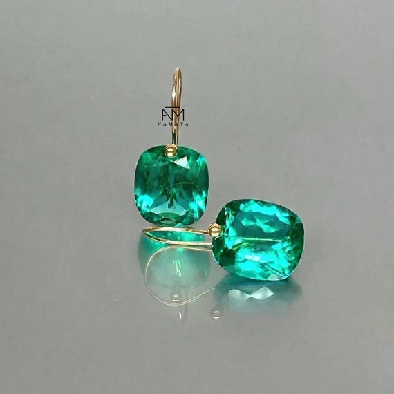 14K Gold Colombian Emerald Dangle Earrings, Green Cushion Cut Drops