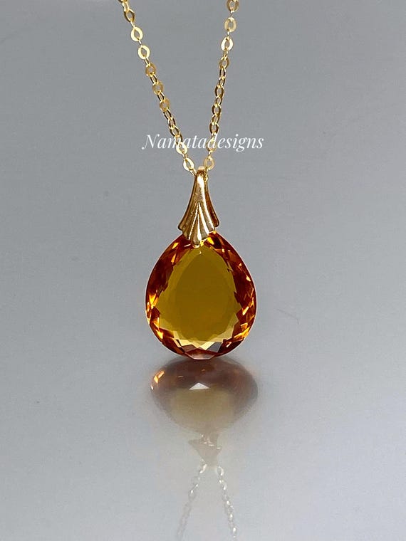 14K Gold Citrine Teardrop Pendant Necklace: November Birthstone