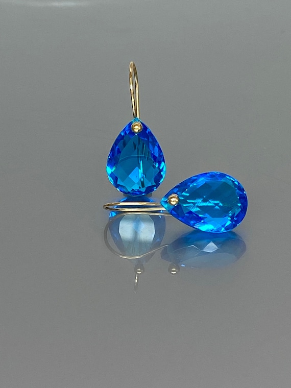 14K Gold Small Teardrop Swiss Blue Topaz Drop Earrings (22 ct), Swiss Topaz Jewelry Gift For Her, Mother's Day Gift.
