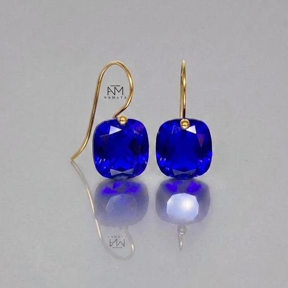 14K Gold Blue Sapphire Drop Earrings, Blue Stone Earrings, September Birthstone
