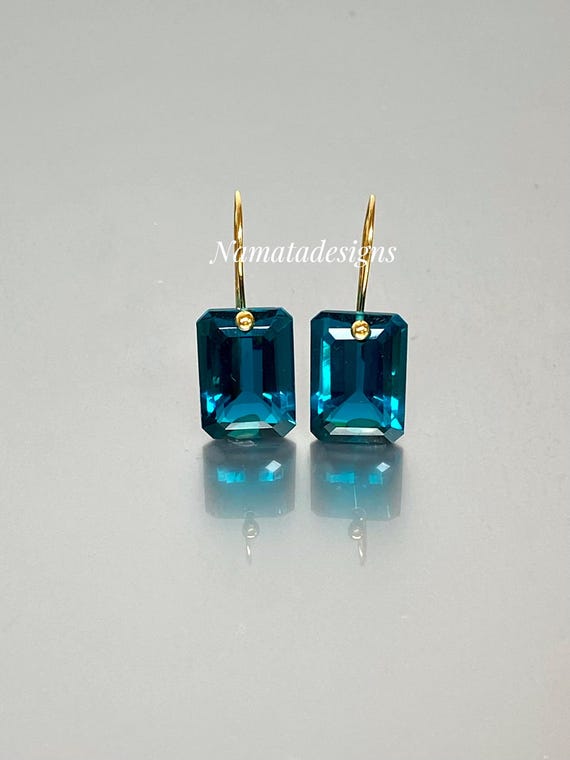 14K/18K Gold London Blue Topaz Dangle Drop Earrings, December Birthstone Gift, Rectangle Earrings, Blue Topaz Jewelry For Women