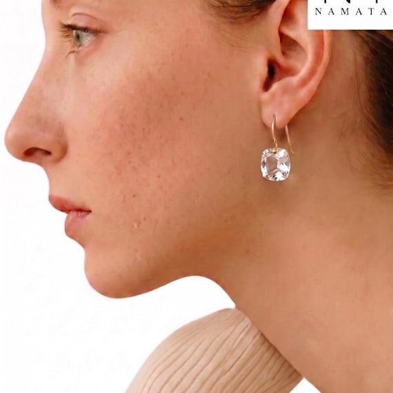 Natural Rock Crystal Dangle Earrings, 14K Gold Clear Quartz Earrings, Rectangle Gemstone Drops, Minimalist Crystal Earrings Gift