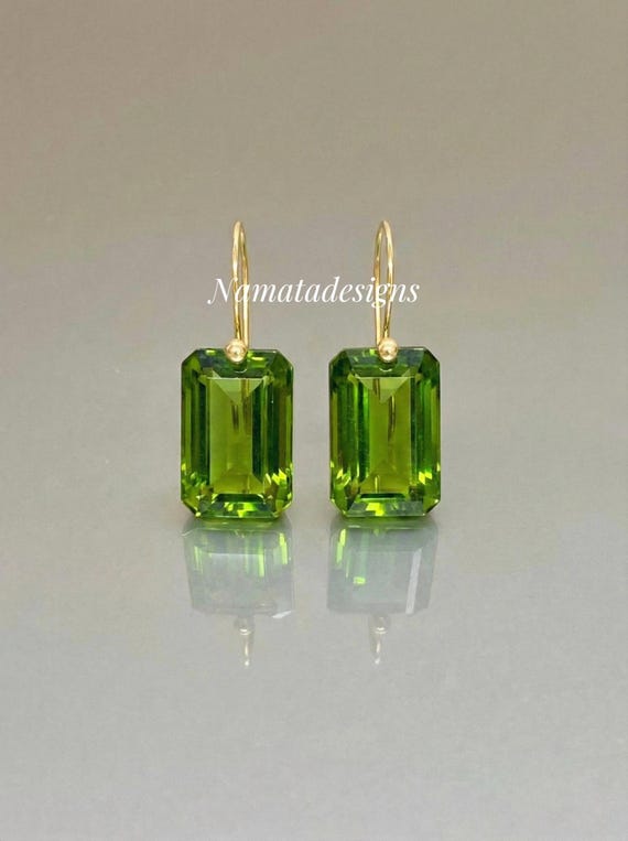 Peridot Drop Earrings, Statement Earrings, August Birthstone, Green Stone Earrings, Gold or Silver, Rectangle Drops, Peridot Jewelry Gift.