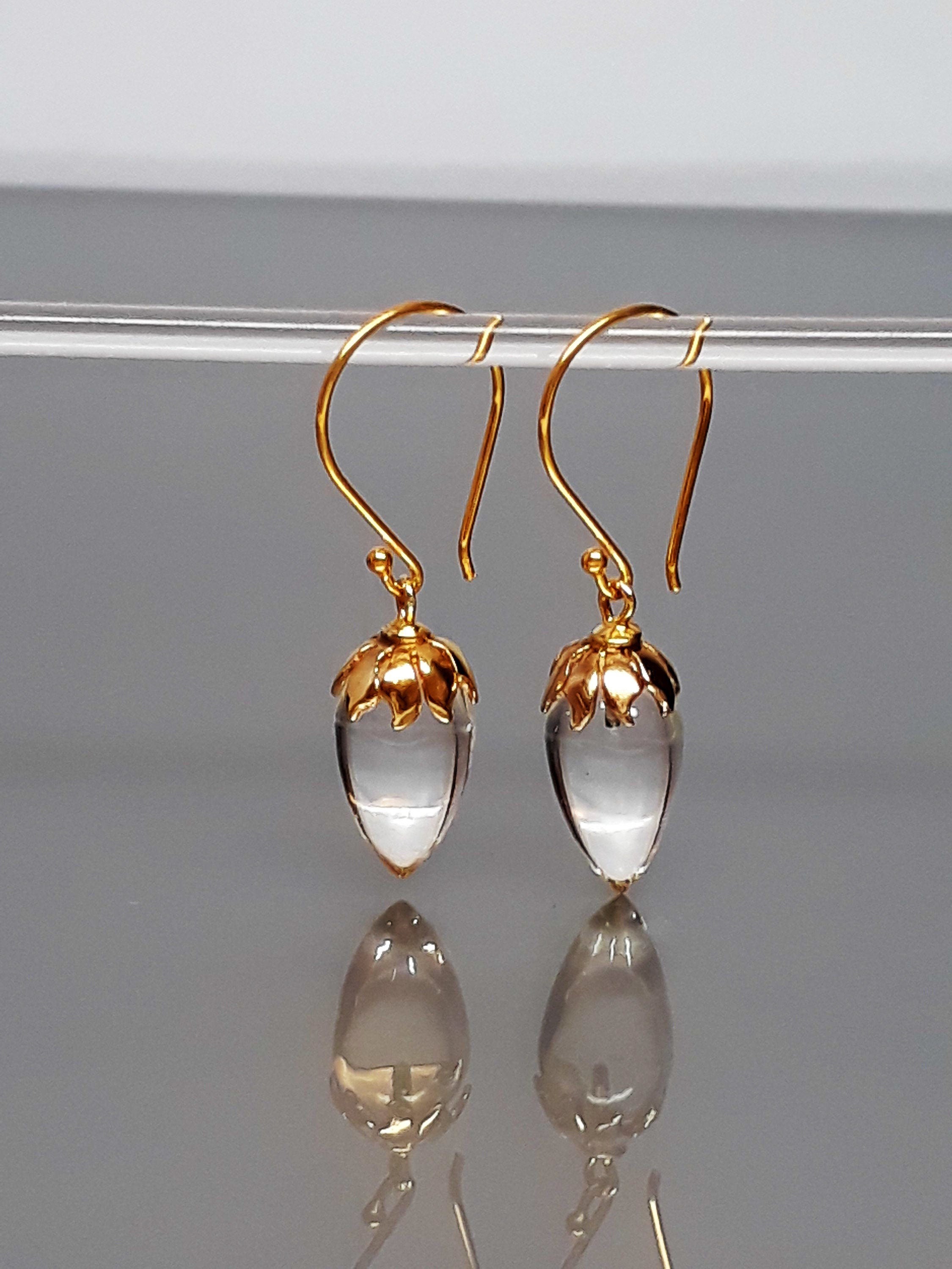 14K Gold Natural Rock Crystal Earrings Crystal Teardrop Etsy