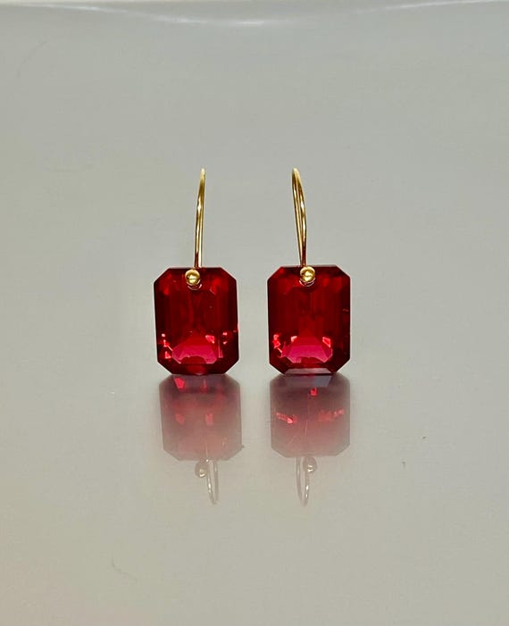 14K/18K Gold Rectangle Red Ruby Dangle Earrings (37 ct), Ruby Drop Earrings, July Birthstone  Earrings, Bridal Jewelry, Gift For Her.