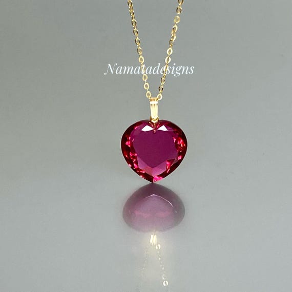 14K Solid Gold Rubellite Tourmaline Heart Pendant Necklace (30 ct)