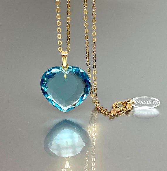14K Gold Heart Aquamarine Pendant Necklace (28 ct), Large Heart Pendant Necklace, Aquamarine Jewelry Gift For Her