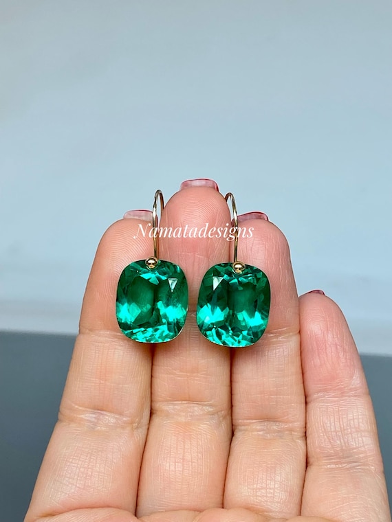 14K Gold Colombian Emerald Dangle Earrings, Green Cushion Cut Drops