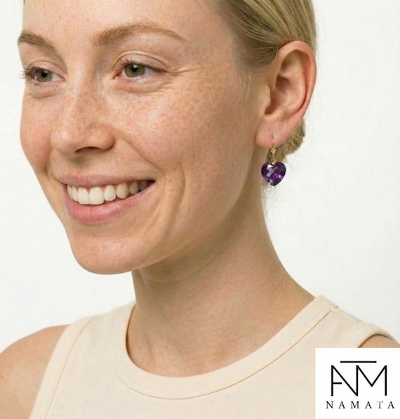 Amethyst Heart Drangle Earrings, Small Heart Earrings, Purple Stone Earrings,  February Birthstone, Amethyst Jewelry Gift