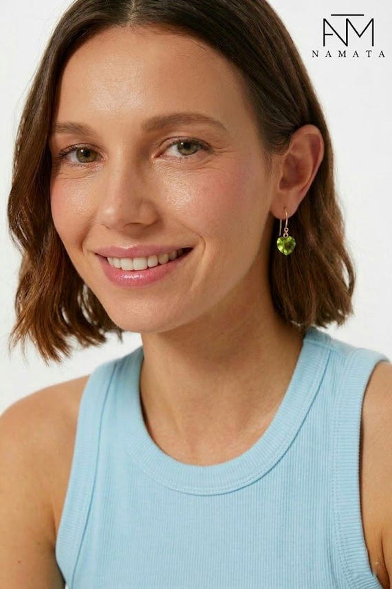 14K Gold Peridot Heart Earrings,  Vermeil & Sterling Silver,  August Birthstone Minimalist Jewelry Gift