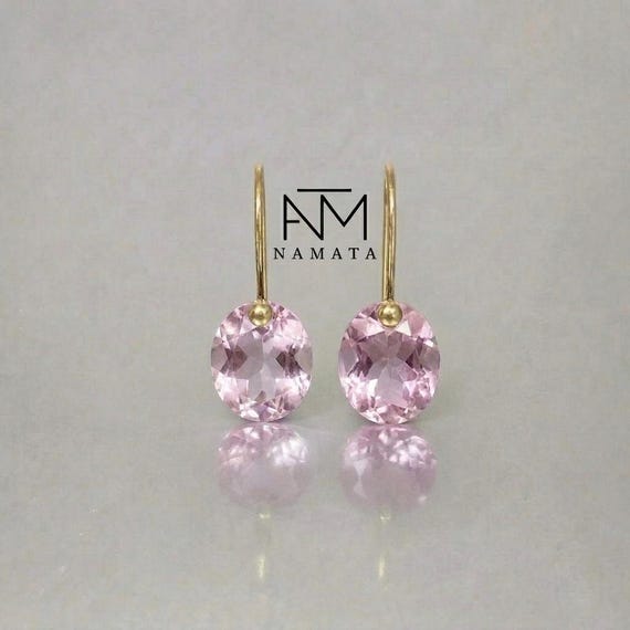 14K/18K Rose Quartz Dangle Earrings, Pink Stone Oval Earrings, Birthstone Earrings, Christmas Gifts For Her