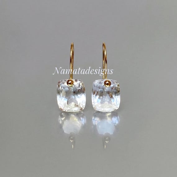 14K Gold Natural Rock Crystal Dangle Earrings, Rectangle Drop Earrings, Small Earrings, Birthstone Earrings Gift, Crystal Quartz Jewelry