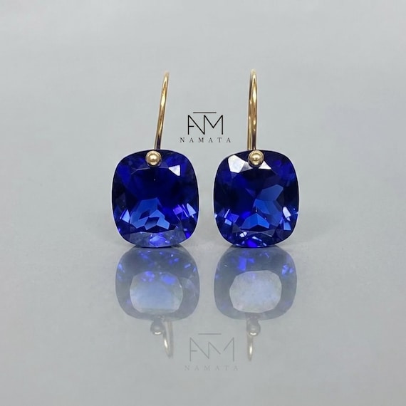 Emerald Cut Blue Sapphire Dangle Earrings, 14K Solid Gold, September Birthstone