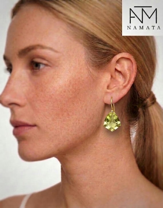 14K Gold Lemon Quartz Dangle  Earrings: Faceted Statement Jewelry, November birthstone